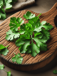 Fresh-coriander-leaves-wooden-chopping-board